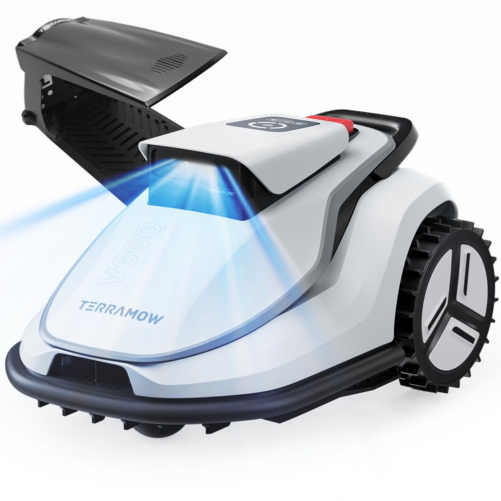 TerraMow V600 Mähroboter ohne Begrenzungskabel mit Garage, Tri-AI Vision-Technologie ohne Kabel-/RTK-Signalprobleme, DropMow automatische Kartierung max. 600 ㎡, KI Vision-Navigation 3.8Ah-Akku