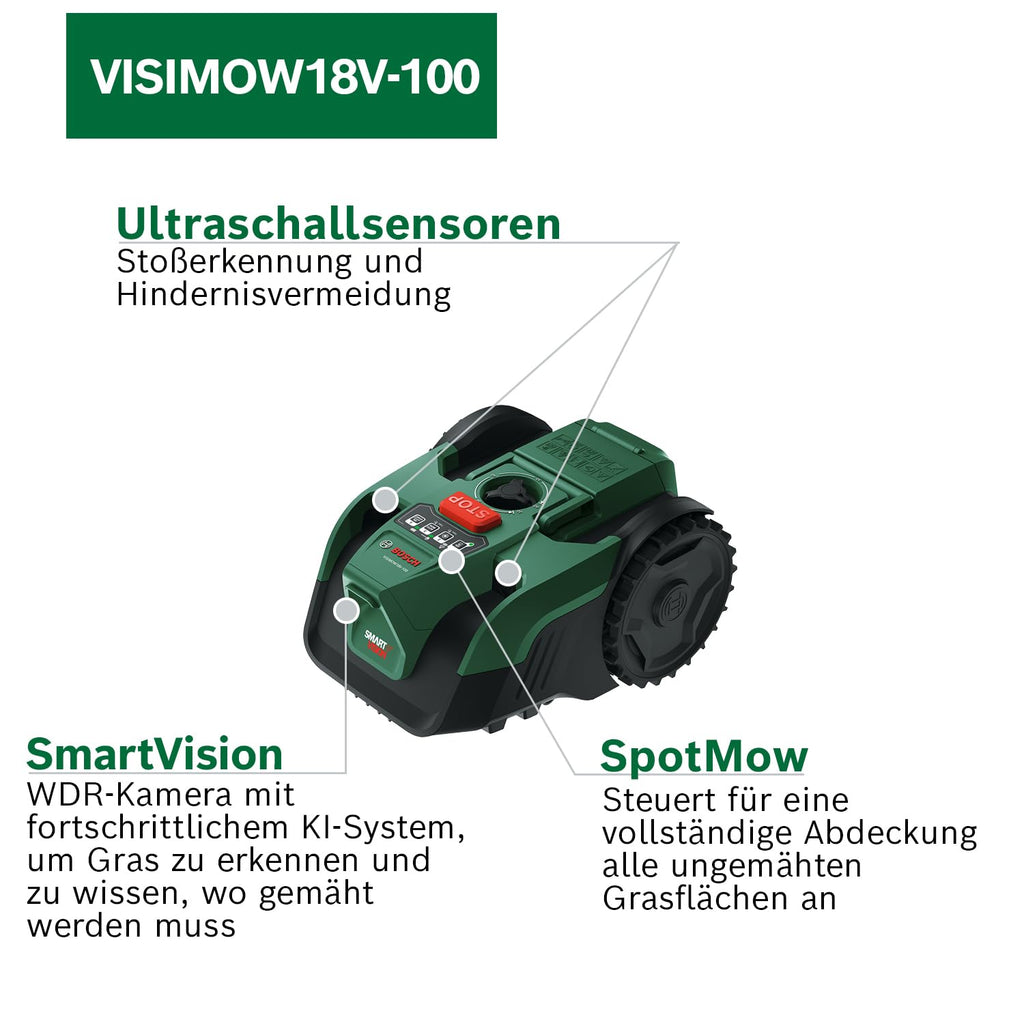 Bosch Akku-Mähroboter VISIMOW18V-100 (für Rasenflächen bis 100 m², Schnittbreite: 16 cm, Schnitthöhe: 20-60 mm, ohne Akku)