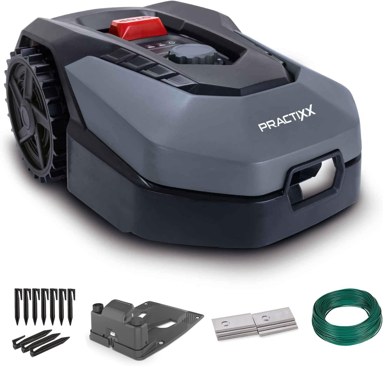 Practixx Mähroboter bis zu 600 qm² | 18cm Schnittbreite | 20-60 mm Schnitthöhe | Regensensor | Kantenmähen | Wireless | App-gesteuert | Digitale Anzeige | 35% Steigung | PX-RRM-600Wi Akku Rasenmäher