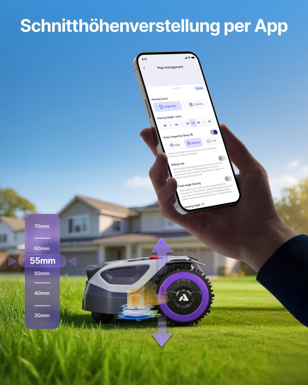 ANTHBOT M5 Mähroboter ohne Begrenzungskabel, Neuer Genie mit NRTK-Navigation & Dual-Kamera, 700 m², Schnitthöhe per App, KI-Hindernisvermeidung, Rasenroboter mit 45% Steigung, für enge 0,65-m-Passagen