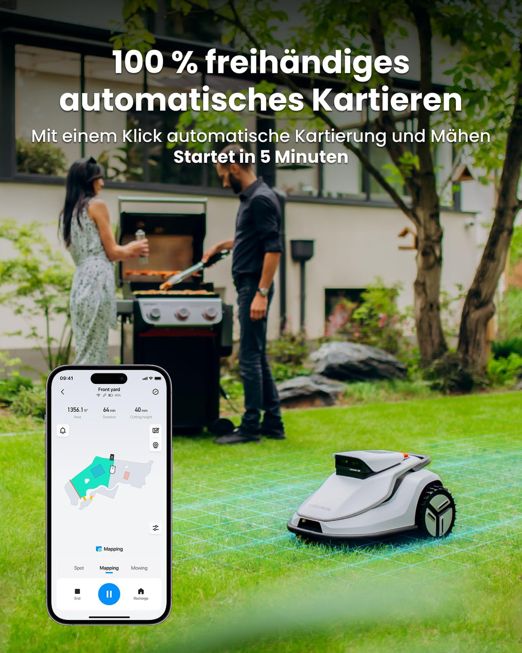 TerraMow V600 Mähroboter ohne Begrenzungskabel mit Garage, Tri-AI Vision-Technologie ohne Kabel-/RTK-Signalprobleme, DropMow automatische Kartierung max. 600 ㎡, KI Vision-Navigation 3.8Ah-Akku