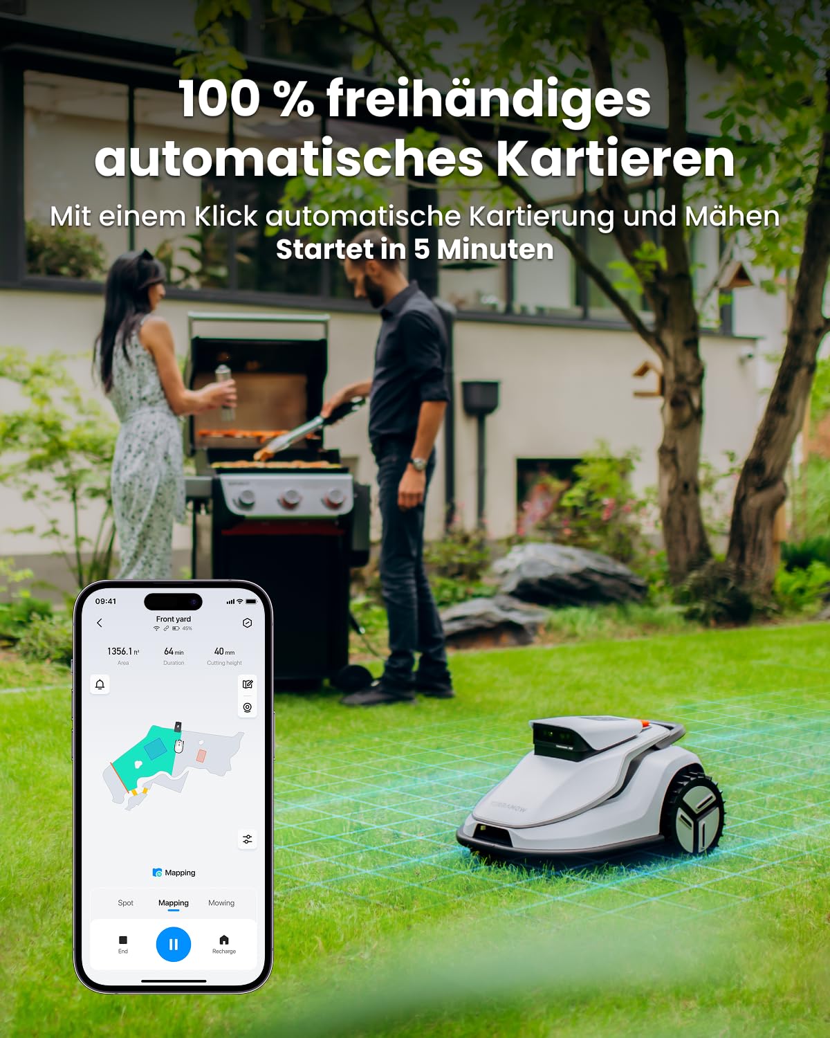 TerraMow V600 Mähroboter ohne Begrenzungskabel mit Garage, Tri-AI Vision-Technologie ohne Kabel-/RTK-Signalprobleme, DropMow automatische Kartierung max. 600 ㎡, KI Vision-Navigation 3.8Ah-Akku