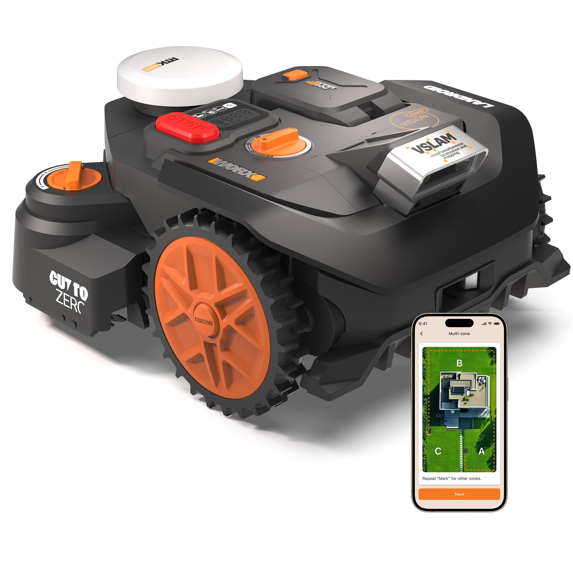 WORX Landroid Vision Cloud WR306E 2WD Mähroboter ohne Begrenzungskabel für 600 m² (KI-Hinderniserkennung, VSLAM+ RTK Cloud Navigation, Auto-Mapping, App-Steuerung, Cut-to-Zero)