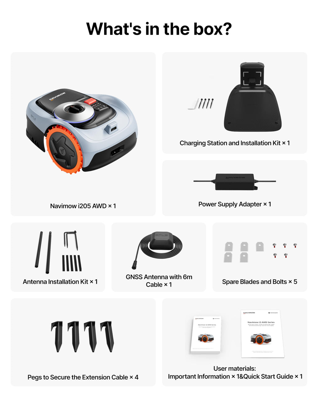 Segway Navimow i205 AWD Mähroboter ohne Begrenzungskabel mit Garage S, Empf. 500 m², Allradantrieb für Steigungen bis zu 45%, EFLS NRTK+Vision, Keine RTK-Antenne erforderlich