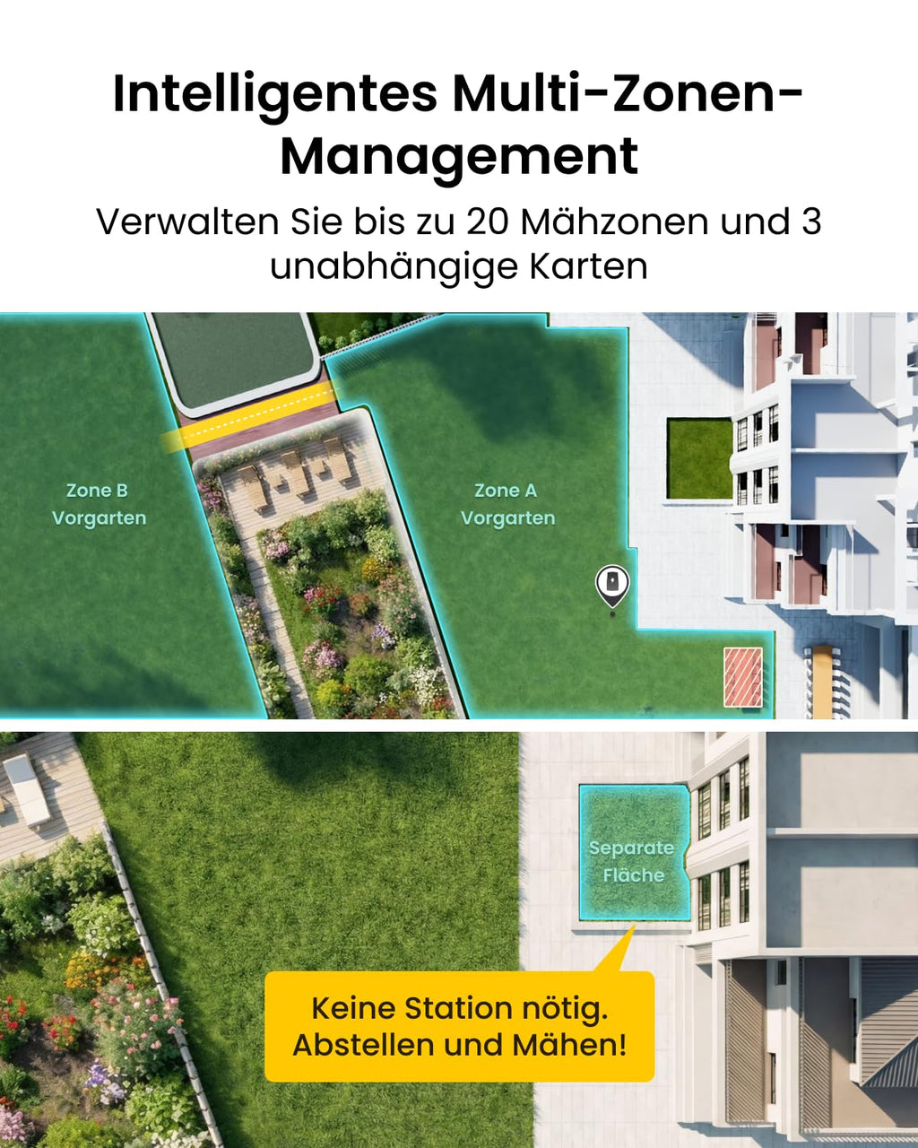 TerraMow V600 Mähroboter ohne Begrenzungskabel mit Garage, Tri-AI Vision-Technologie ohne Kabel-/RTK-Signalprobleme, DropMow automatische Kartierung max. 600 ㎡, KI Vision-Navigation 3.8Ah-Akku