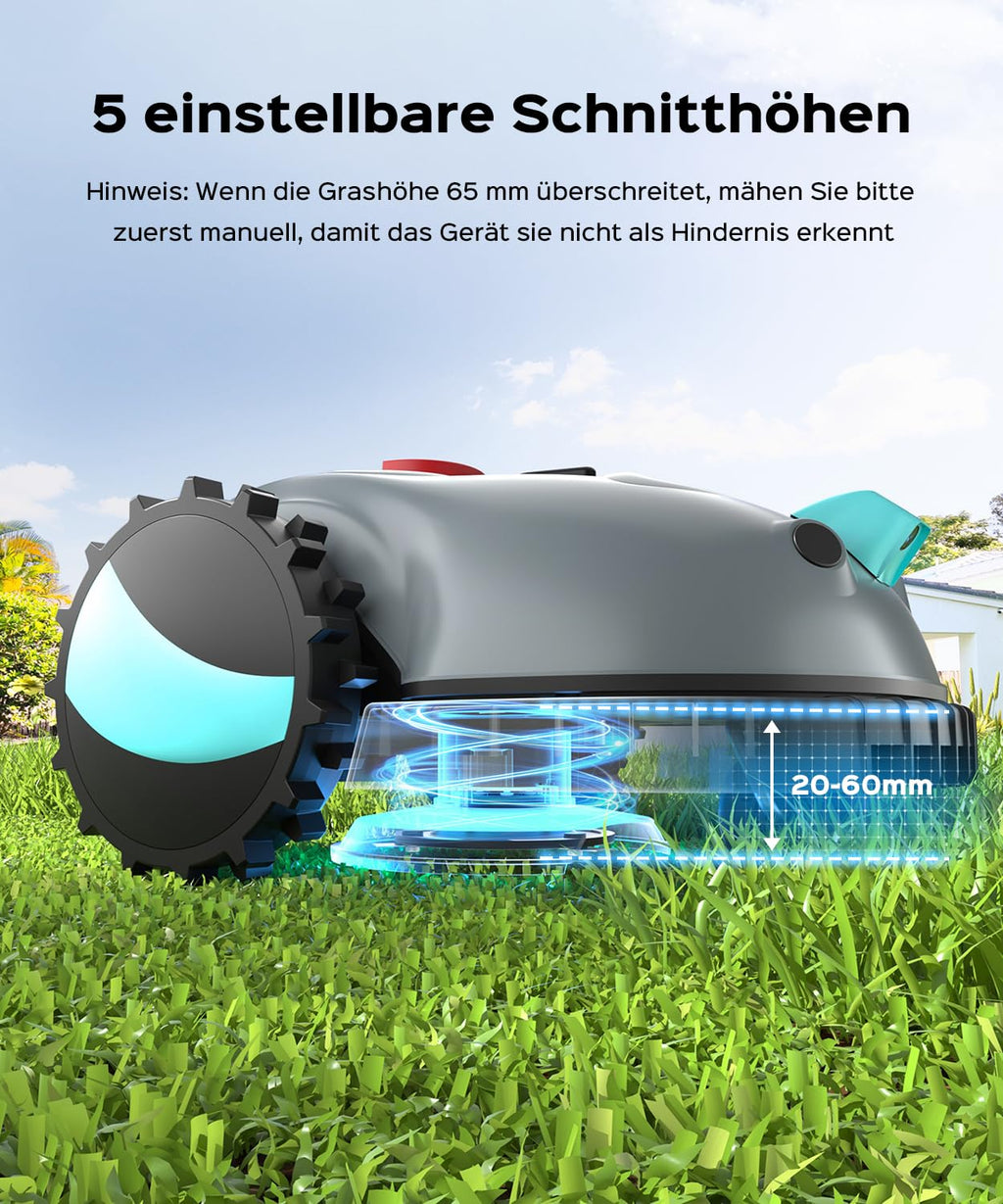 YARDCARE V100 Mähroboter ohne Begrenzungskabel Rasenroboter mit Kamera, Hindernisvermeidung, Vision Navigation, 4 Ah Akku Rasenmäher Roboter ohne Begrenzungsdraht 150㎡ mit Ersatzklingen, Spiralschnitt