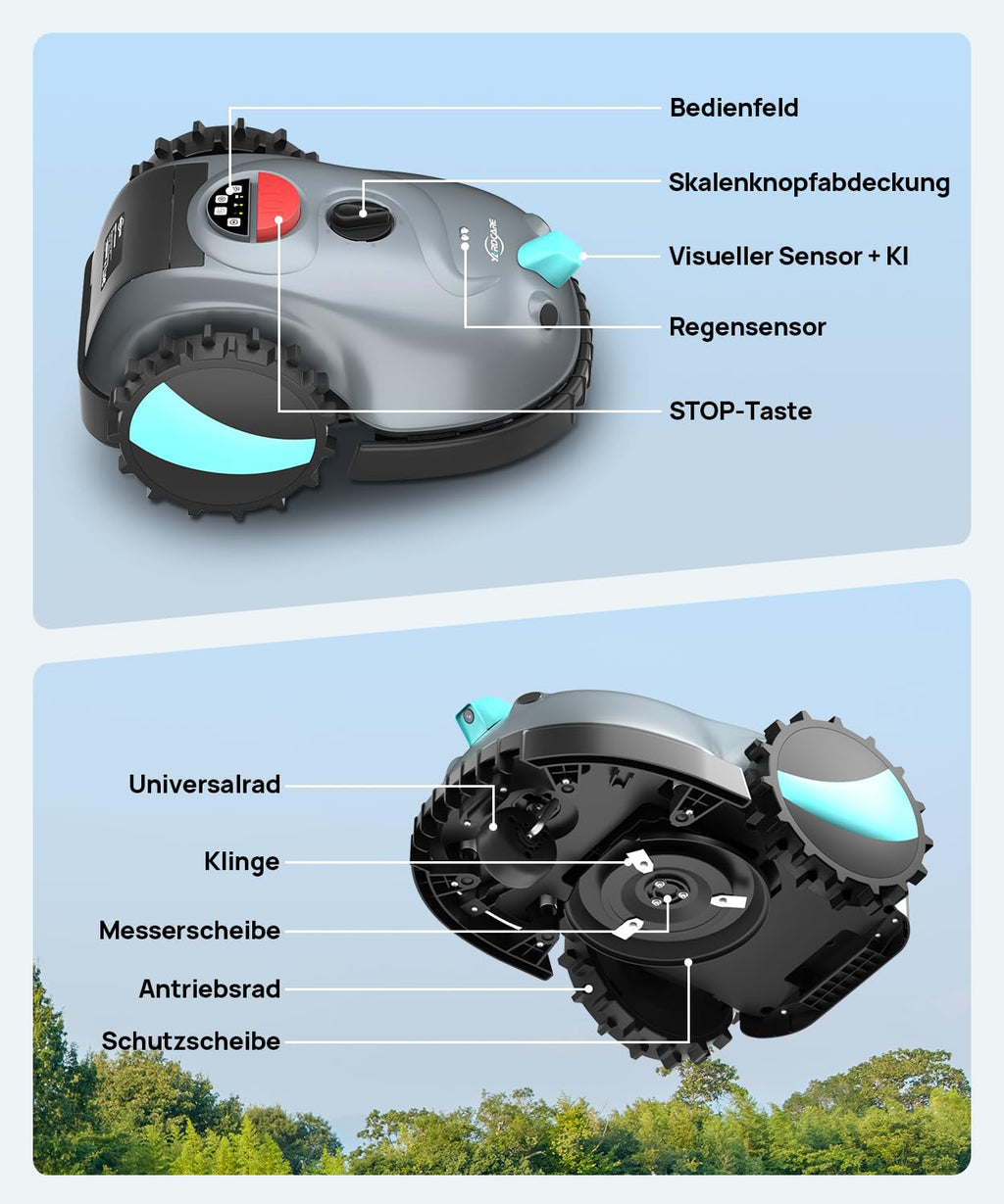 YARDCARE V100 Mähroboter ohne Begrenzungskabel Rasenroboter mit Kamera, Hindernisvermeidung, Vision Navigation, 4 Ah Akku Rasenmäher Roboter ohne Begrenzungsdraht 150㎡ mit Ersatzklingen, Spiralschnitt