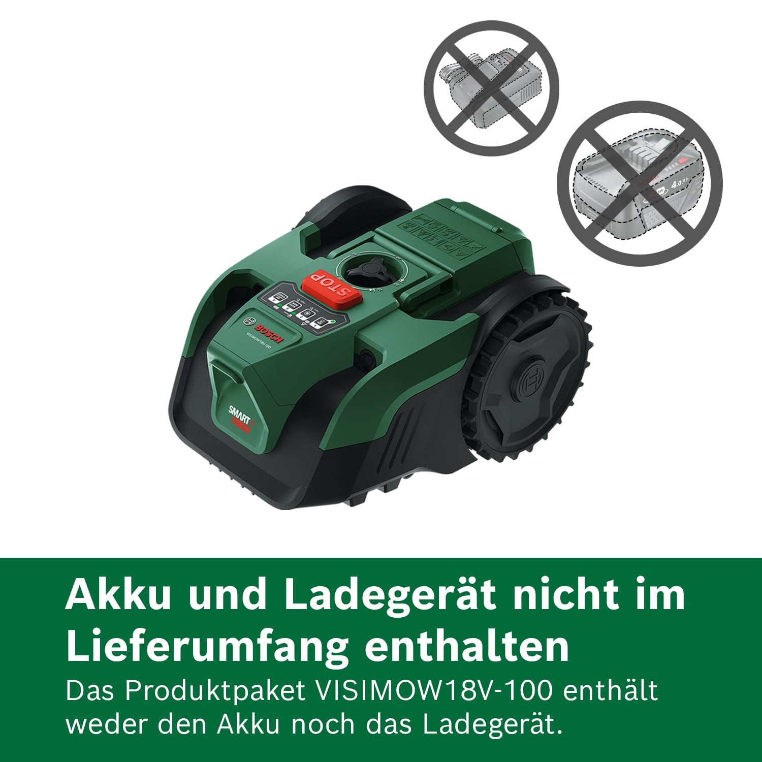 Bosch Akku-Mähroboter VISIMOW18V-100 (für Rasenflächen bis 100 m², Schnittbreite: 16 cm, Schnitthöhe: 20-60 mm, ohne Akku)