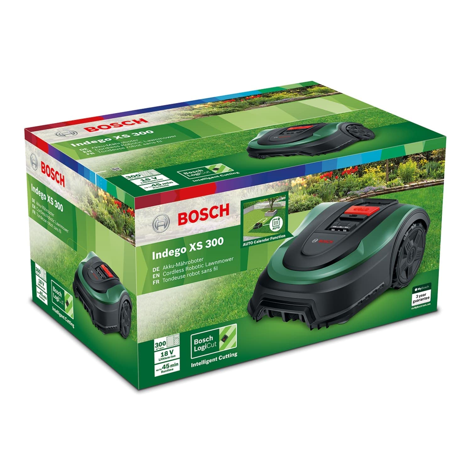 Bosch Rasenmäher Roboter Indego XS 300 (mit integriertem 18-V-Akku, Ladestation enthalten, Schnittbreite 19 cm, für Rasenflächen bis 300 m2, im Karton)