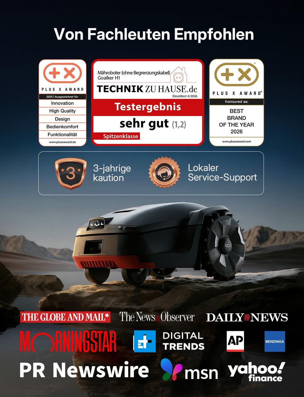 Goalker H1 Mähroboter ohne Begrenzungskabel – 5 IN 1: RTK+VSLAM Navigation, Dual LiDAR & KI-Kamera, 2000 m² Fläche, App-Steuerung, Hindernisvermeidung, präziser Kantenschnitt, 45% Steigung
