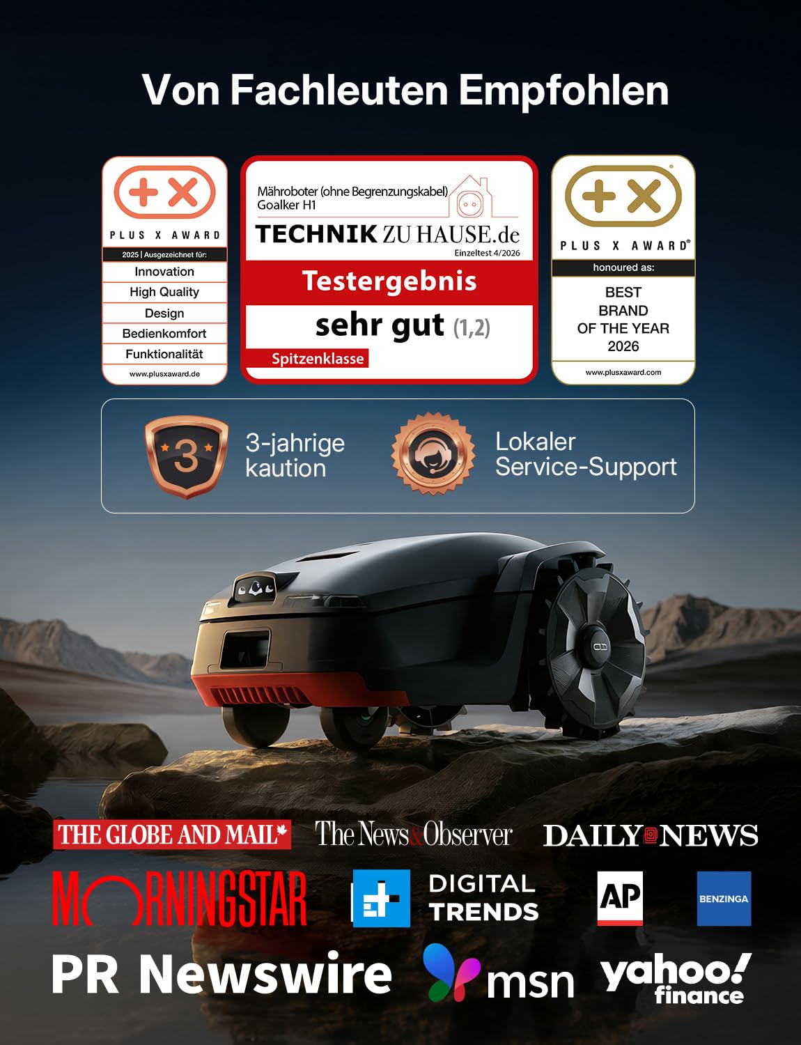 Goalker H1 Mähroboter ohne Begrenzungskabel – 5 IN 1: RTK+VSLAM Navigation, Dual LiDAR & KI-Kamera, 2000 m² Fläche, App-Steuerung, Hindernisvermeidung, präziser Kantenschnitt, 45% Steigung