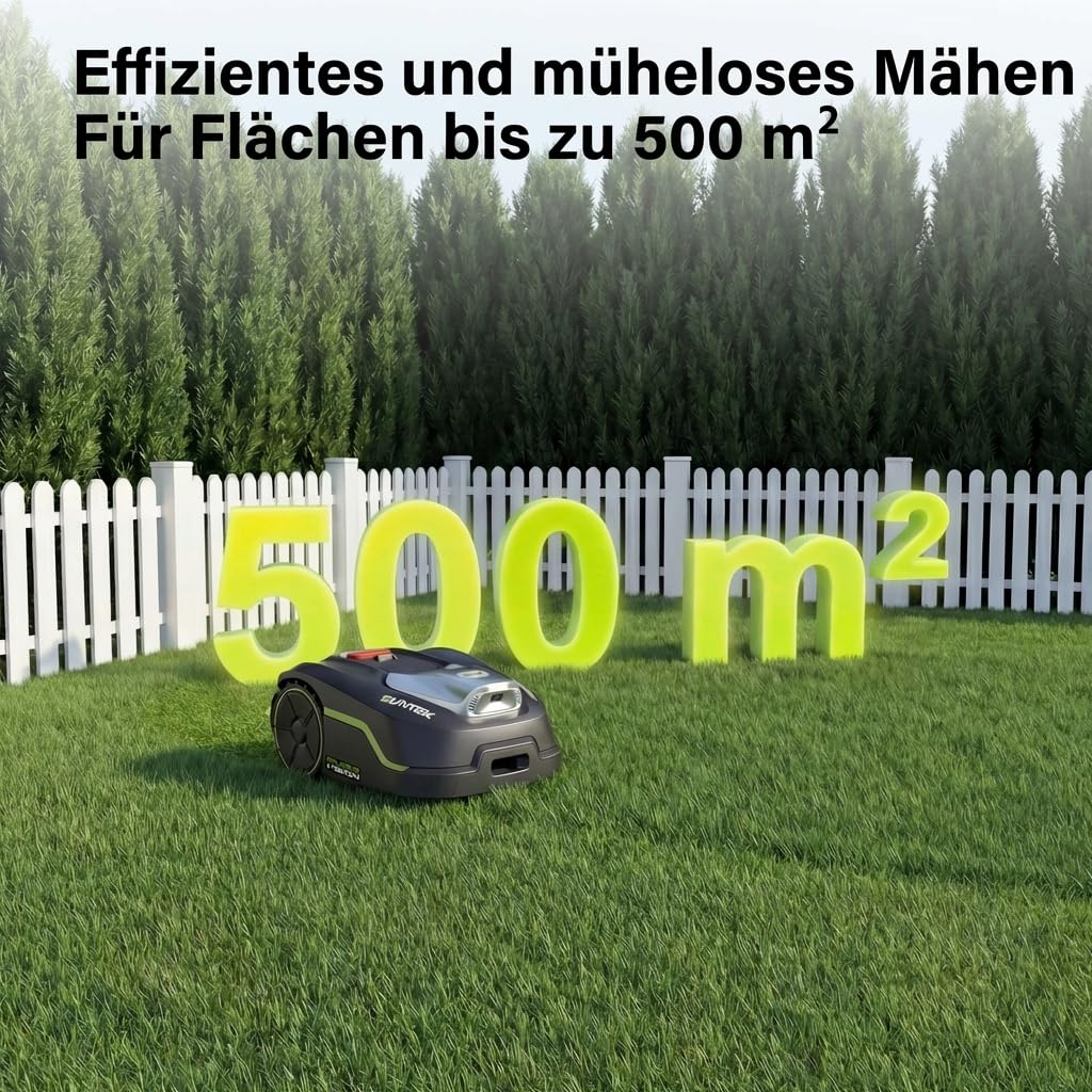 SUNTEK SRM2050 Mähroboter ohne Begrenzungskabel, KI Pure Vision Rasenmäher Roboter für 500 m² mit automatischer Kartierung, 35% Steigung, Wasserdichtigkeit IPX5, Automatische Kartierung, APP-Steuerung