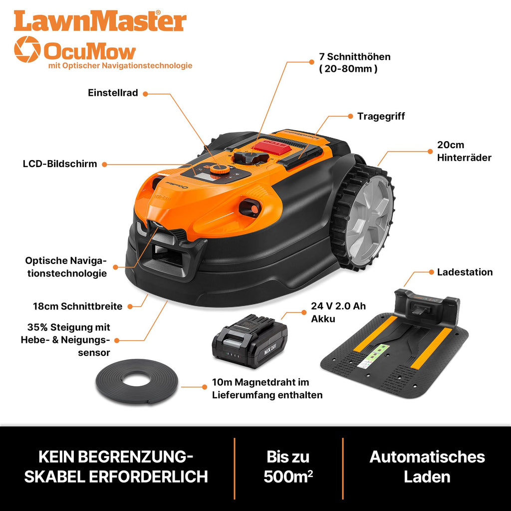 LawnMaster VBRM18AMIDR mähroboter ohne begrenzungskabel für bis zu 500㎡ 2ah Batterie Optische Navigation, Hindernisvermeidung, Automatische Ladestation, Verbotene-Zone-Funktion, WiFi & Bluetooth APP