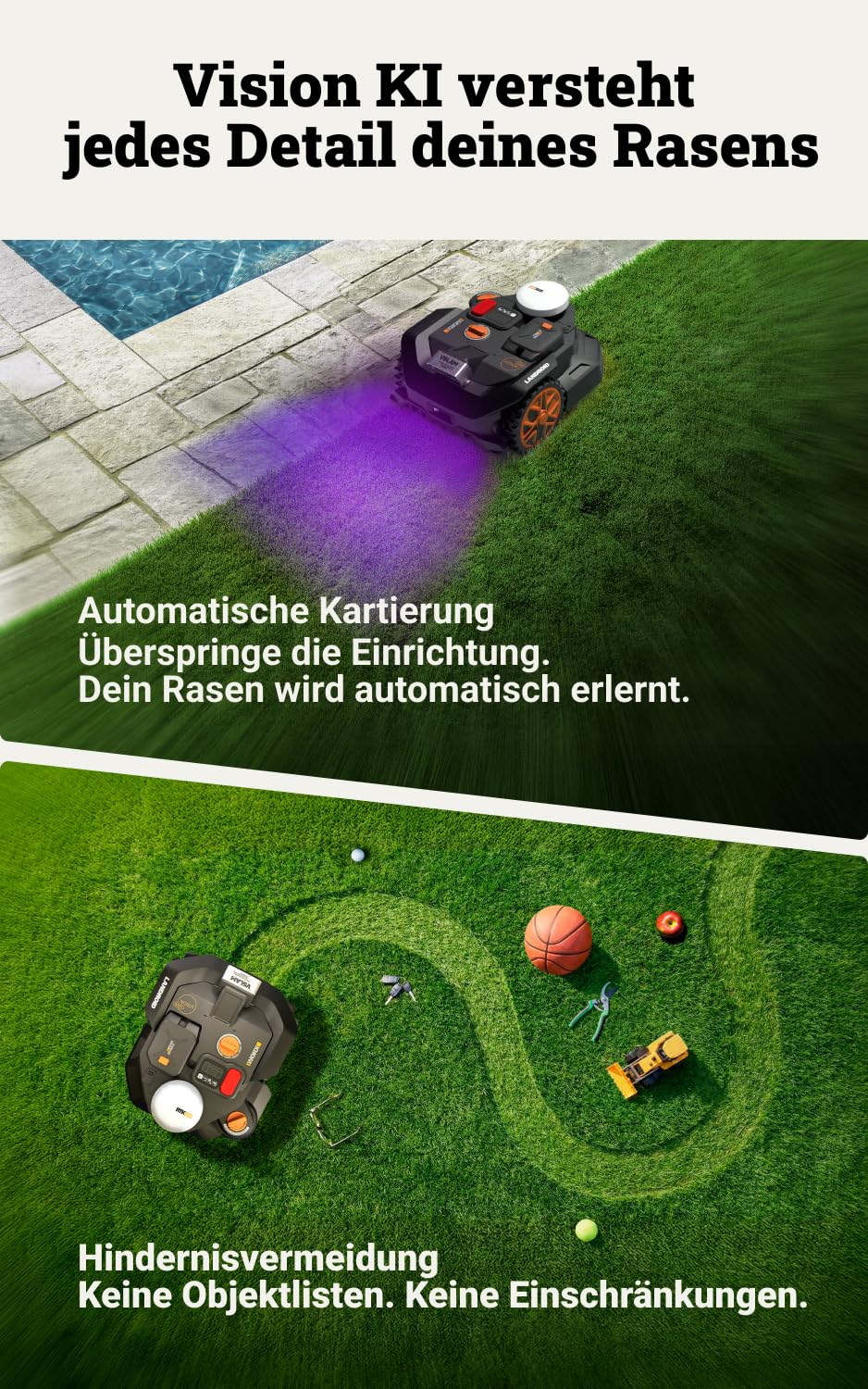 WORX Landroid Vision Cloud WR306E 2WD Mähroboter ohne Begrenzungskabel für 600 m² (KI-Hinderniserkennung, VSLAM+ RTK Cloud Navigation, Auto-Mapping, App-Steuerung, Cut-to-Zero)