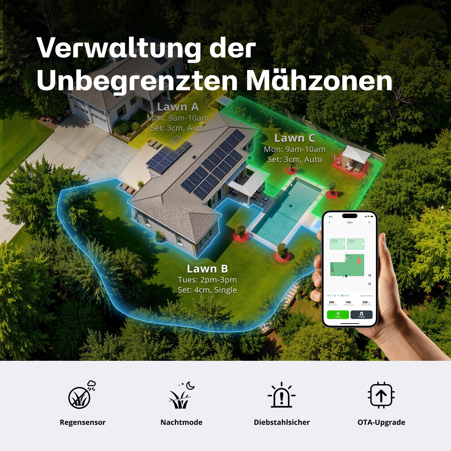 RoboUP T600 Mähroboter ohne Begrenzungskabel für 800㎡, RTK Gesteuerter Rasenmäher Roboter, Automatische u. manuelle Kartierung, Individuelles Mähen, KI Hinderniserkennung Mäher 20° Steigung