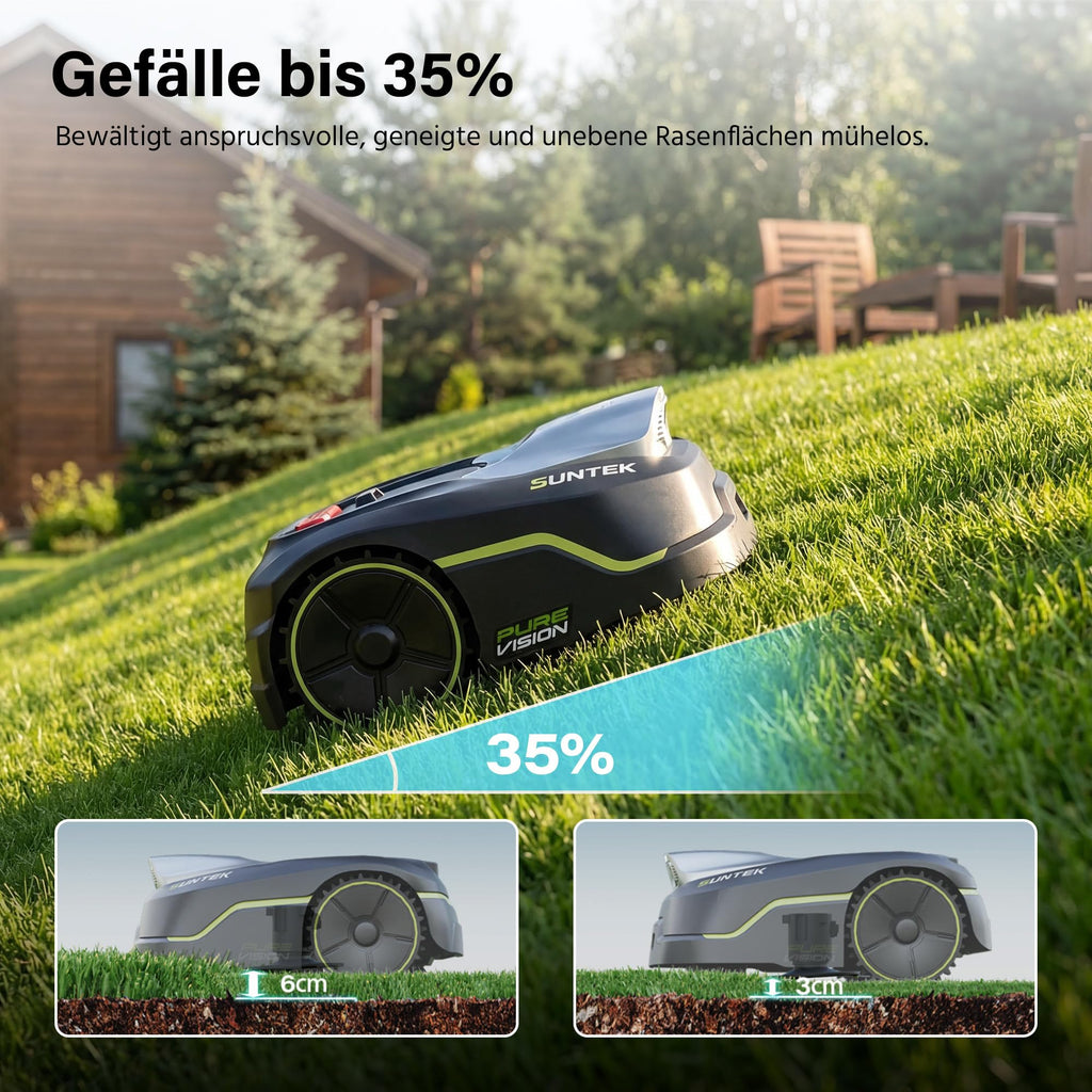 SUNTEK SRM2050 Mähroboter ohne Begrenzungskabel, KI Pure Vision Rasenmäher Roboter für 500 m² mit automatischer Kartierung, 35% Steigung, Wasserdichtigkeit IPX5, Automatische Kartierung, APP-Steuerung