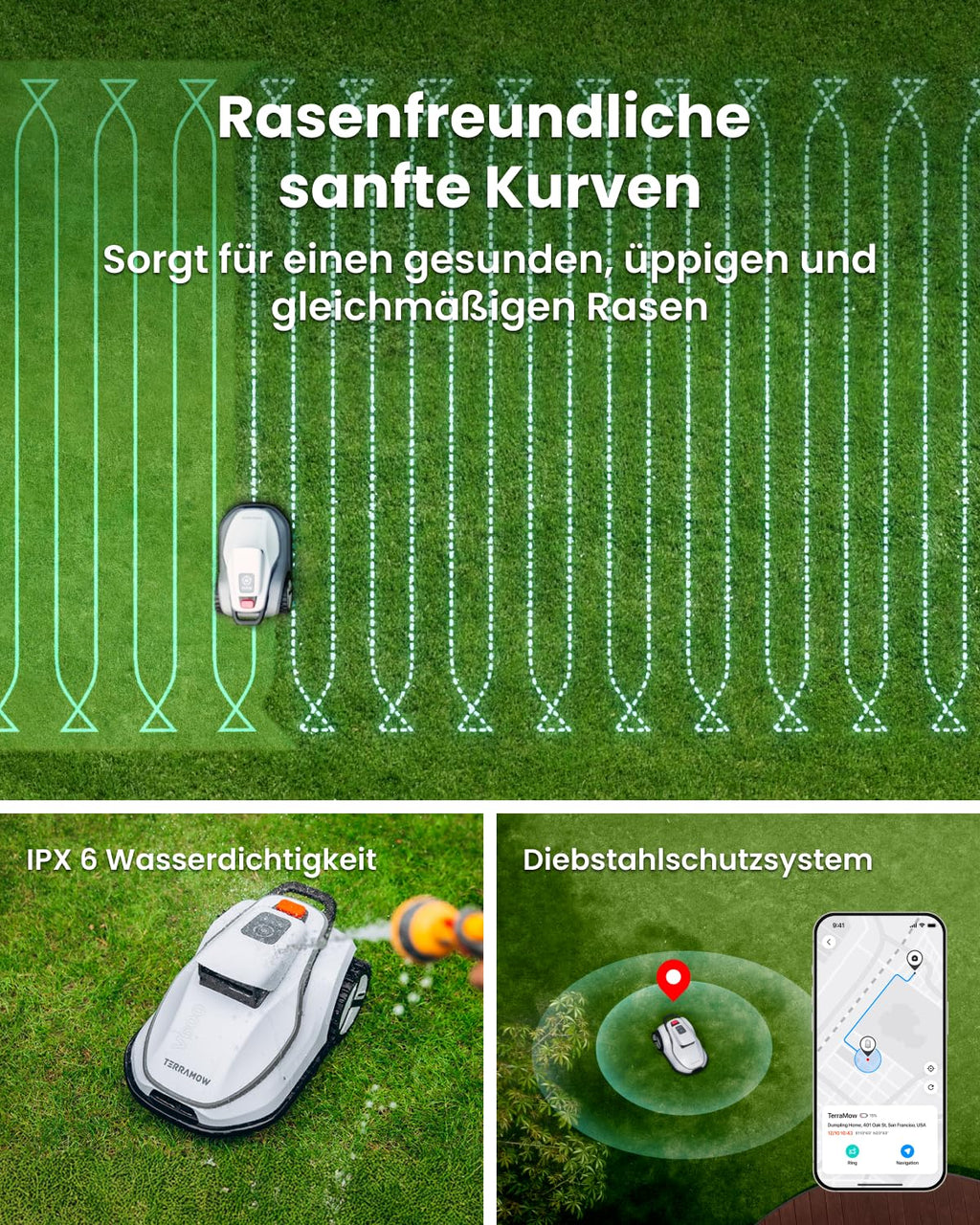 TerraMow V600 Mähroboter ohne Begrenzungskabel mit Garage, Tri-AI Vision-Technologie ohne Kabel-/RTK-Signalprobleme, DropMow automatische Kartierung max. 600 ㎡, KI Vision-Navigation 3.8Ah-Akku