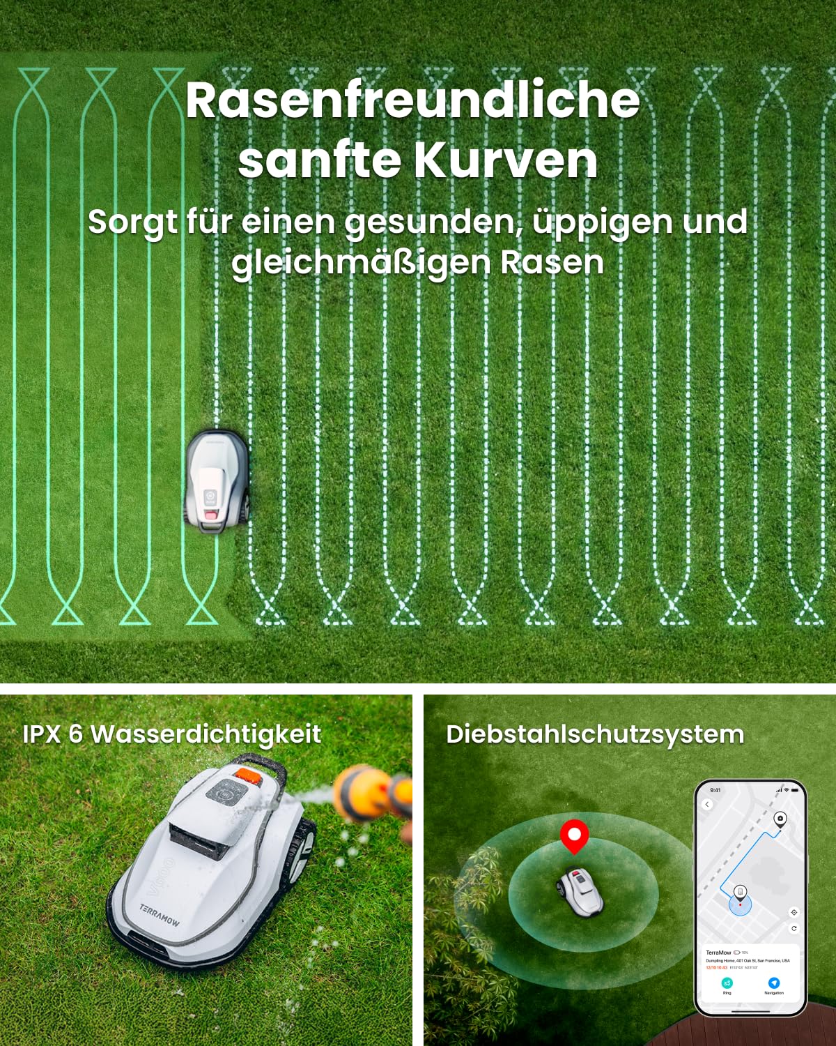 TerraMow V600 Mähroboter ohne Begrenzungskabel mit Garage, Tri-AI Vision-Technologie ohne Kabel-/RTK-Signalprobleme, DropMow automatische Kartierung max. 600 ㎡, KI Vision-Navigation 3.8Ah-Akku
