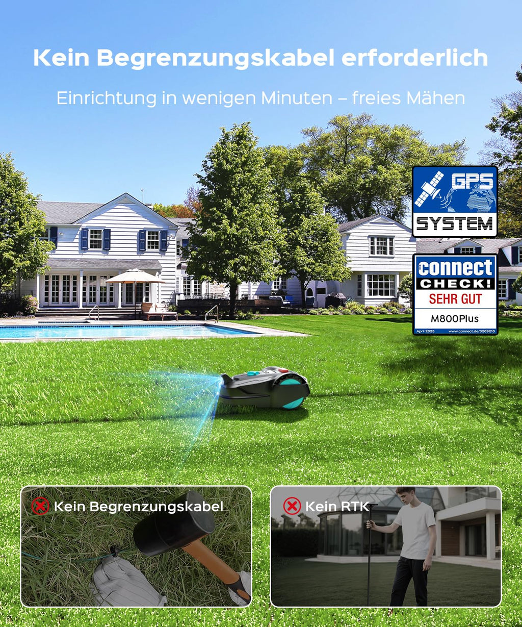 YARDCARE M800Plus Mähroboter ohne Begrenzungskabel,Max. 800 m²,GPS Positionierung+KI Vision,U-förmige Bahnen,Rasenmäher Roboter ohne Kabel mit App,automatische Aufladung, 150 Hinderniserkennungen