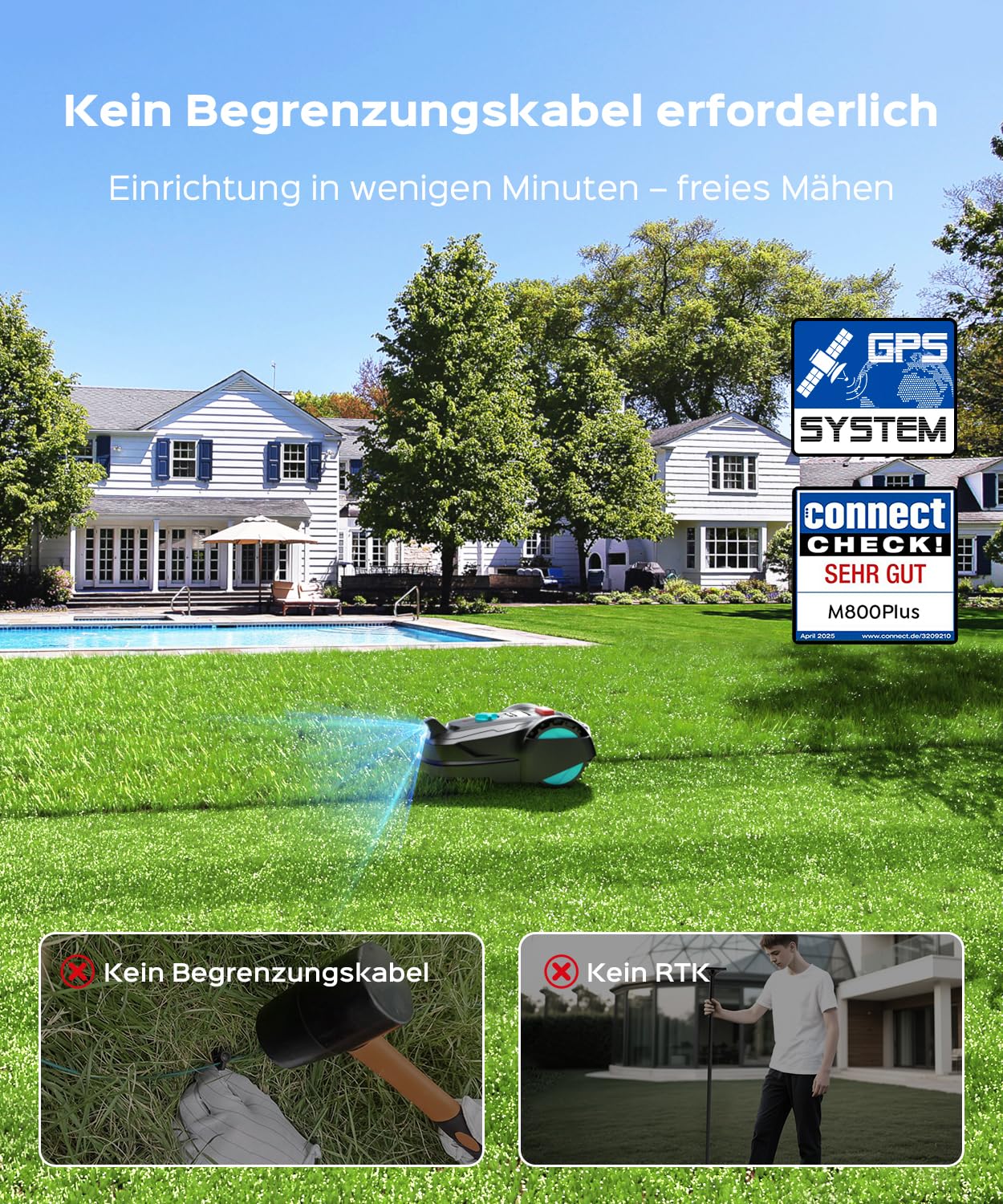 YARDCARE M800Plus Mähroboter ohne Begrenzungskabel,Max. 800 m²,GPS Positionierung+KI Vision,U-förmige Bahnen,Rasenmäher Roboter ohne Kabel mit App,automatische Aufladung, 150 Hinderniserkennungen