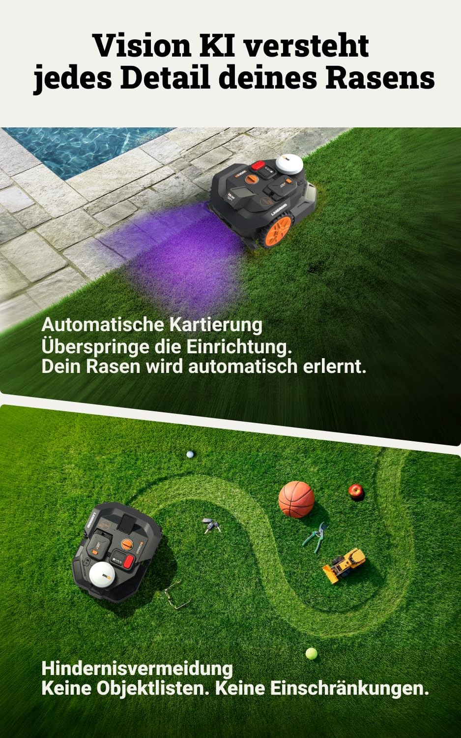 WORX Landroid Vision Cloud WR304E 2WD Mähroboter ohne Begrenzungskabel für 400 m² (KI-Hinderniserkennung, VSLAM+ RTK Cloud Navigation, Auto-Mapping, App-Steuerung)