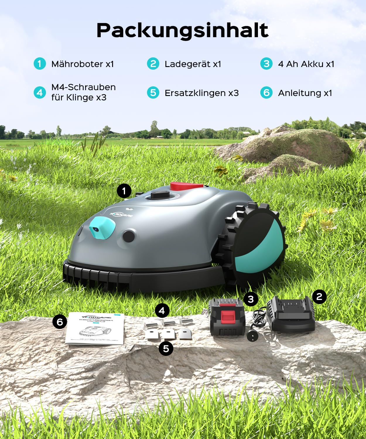 YARDCARE V100 Mähroboter ohne Begrenzungskabel Rasenroboter mit Kamera, Hindernisvermeidung, Vision Navigation, 4 Ah Akku Rasenmäher Roboter ohne Begrenzungsdraht 150㎡ mit Ersatzklingen, Spiralschnitt