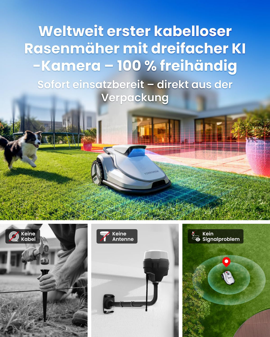 TerraMow V600 Mähroboter ohne Begrenzungskabel mit Garage, Tri-AI Vision-Technologie ohne Kabel-/RTK-Signalprobleme, DropMow automatische Kartierung max. 600 ㎡, KI Vision-Navigation 3.8Ah-Akku