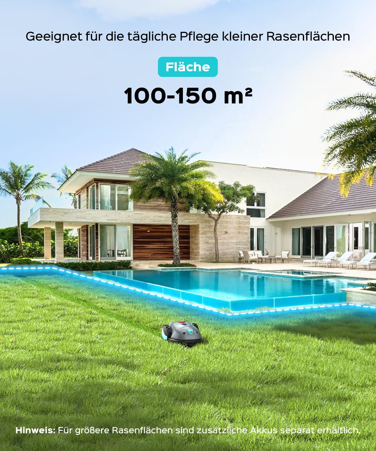 YARDCARE V100 Mähroboter ohne Begrenzungskabel Rasenroboter mit Kamera, Hindernisvermeidung, Vision Navigation, 4 Ah Akku Rasenmäher Roboter ohne Begrenzungsdraht 150㎡ mit Ersatzklingen, Spiralschnitt
