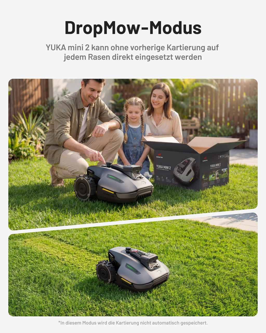 MAMMOTION YUKA mini 2 500 Mähroboter ohne Begrenzungskabel, Garten bis 500m², Kein RTK, Kein Signalabbruch, KI TrueVision-Navigation, Auto-Mehrzonen-Kartierung, DropMow, 45% Steigung, 4,5Ah-Akku