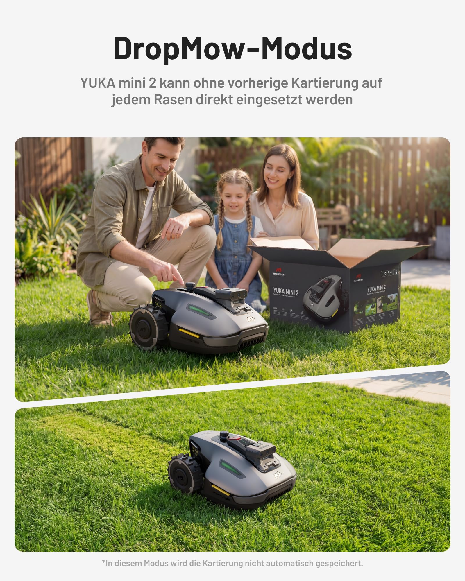MAMMOTION YUKA mini 2 500 Mähroboter ohne Begrenzungskabel, Garten bis 500m², Kein RTK, Kein Signalabbruch, KI TrueVision-Navigation, Auto-Mehrzonen-Kartierung, DropMow, 45% Steigung, 4,5Ah-Akku