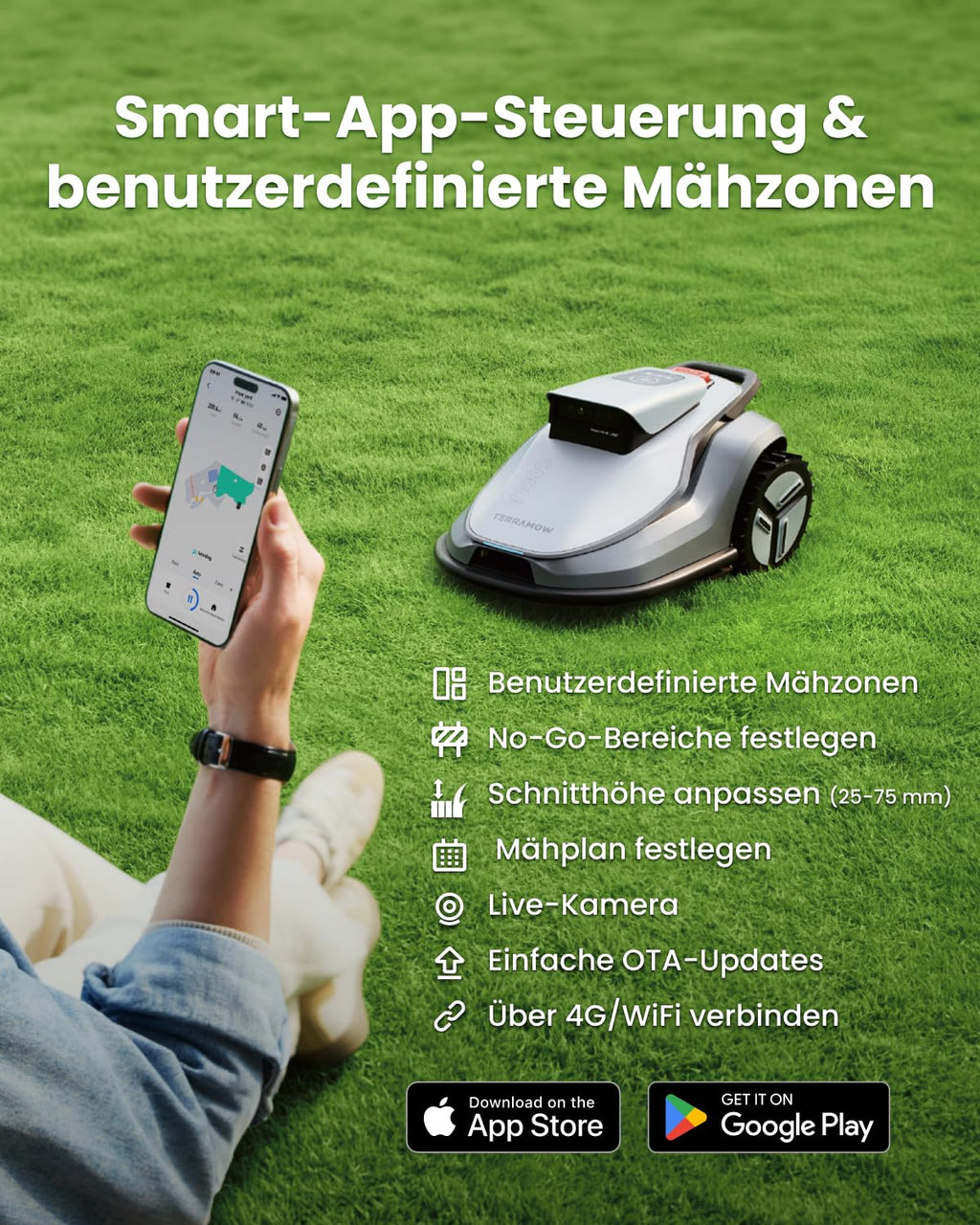 TerraMow V600 Mähroboter ohne Begrenzungskabel mit Garage, Tri-AI Vision-Technologie ohne Kabel-/RTK-Signalprobleme, DropMow automatische Kartierung max. 600 ㎡, KI Vision-Navigation 3.8Ah-Akku