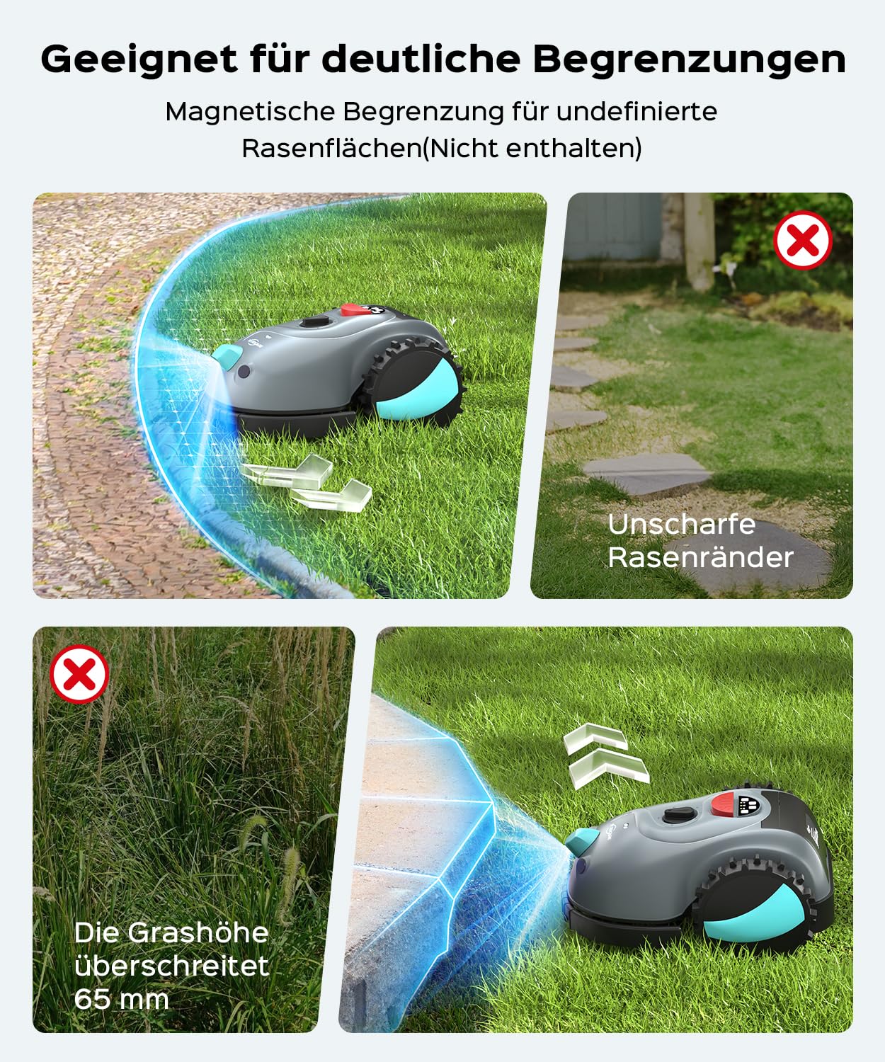 YARDCARE V100 Mähroboter ohne Begrenzungskabel Rasenroboter mit Kamera, Hindernisvermeidung, Vision Navigation, 4 Ah Akku Rasenmäher Roboter ohne Begrenzungsdraht 150㎡ mit Ersatzklingen, Spiralschnitt