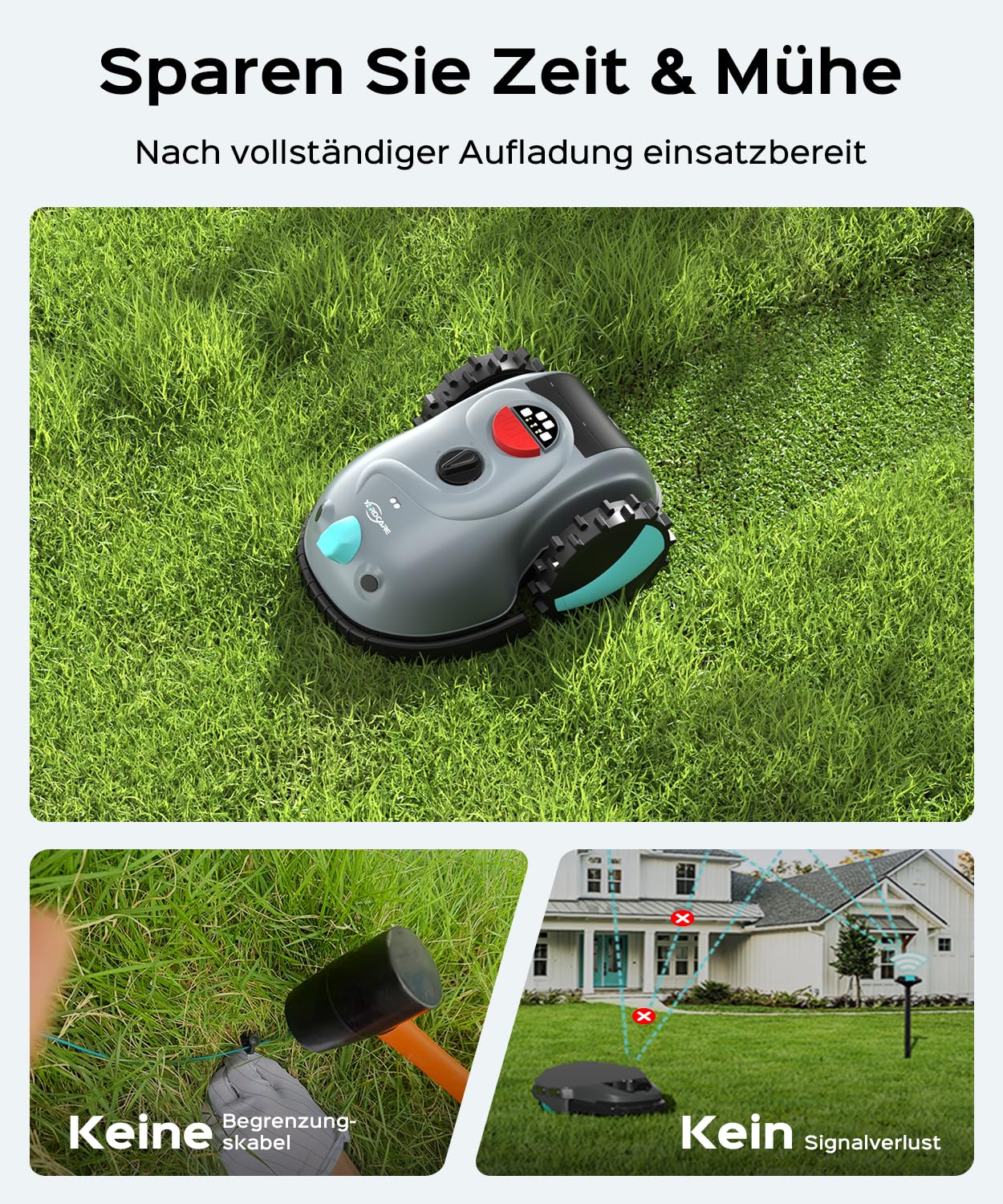 YARDCARE V100 Mähroboter ohne Begrenzungskabel Rasenroboter mit Kamera, Hindernisvermeidung, Vision Navigation, 4 Ah Akku Rasenmäher Roboter ohne Begrenzungsdraht 150㎡ mit Ersatzklingen, Spiralschnitt