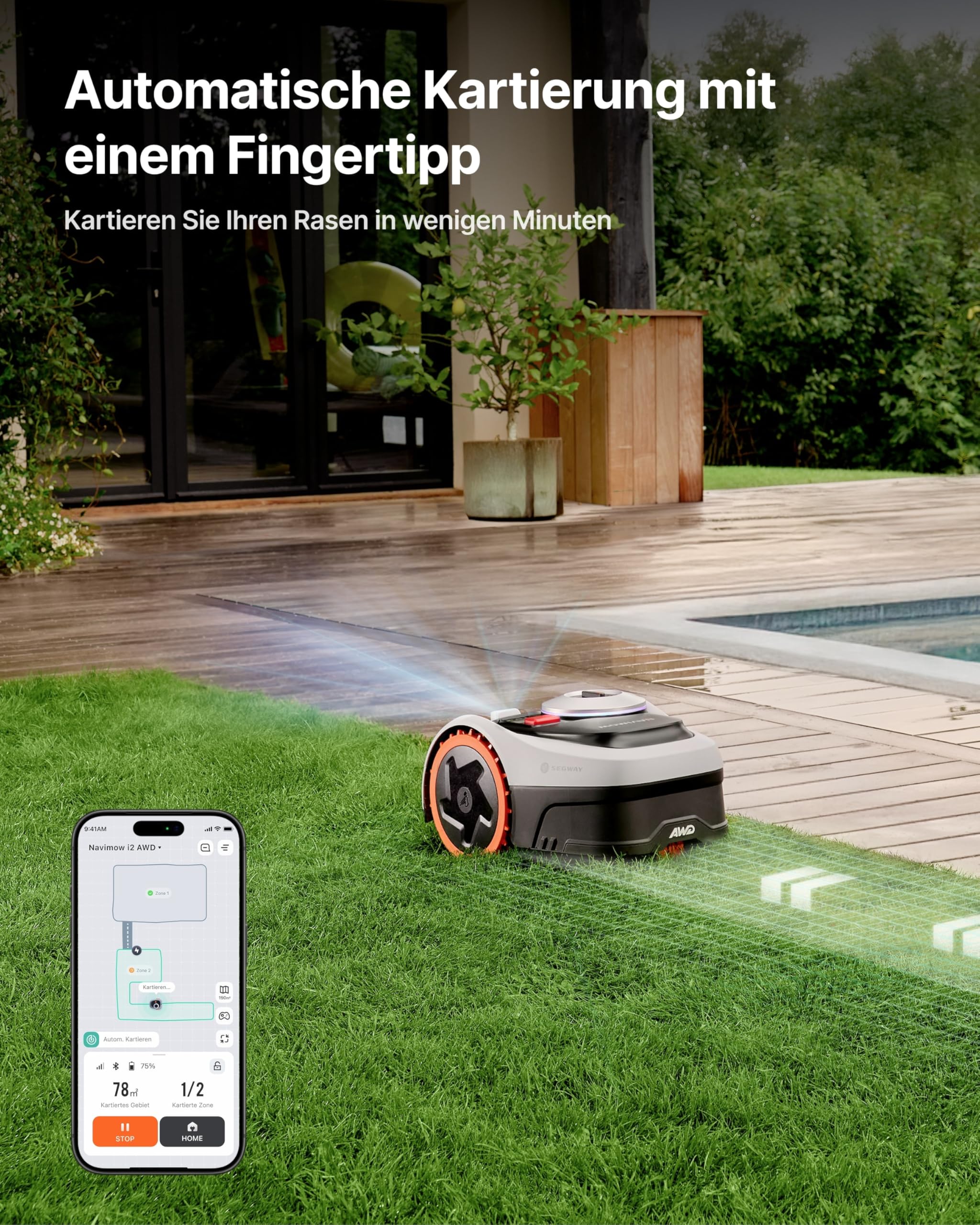 Segway Navimow i205 AWD (Neuer i105E) Mähroboter ohne Begrenzungskabel, Empf. 500 m², Allradantrieb für Steigungen bis zu 45%, EFLS NRTK + Vision, Automatisches Kartieren, Keine RTK-Antenne