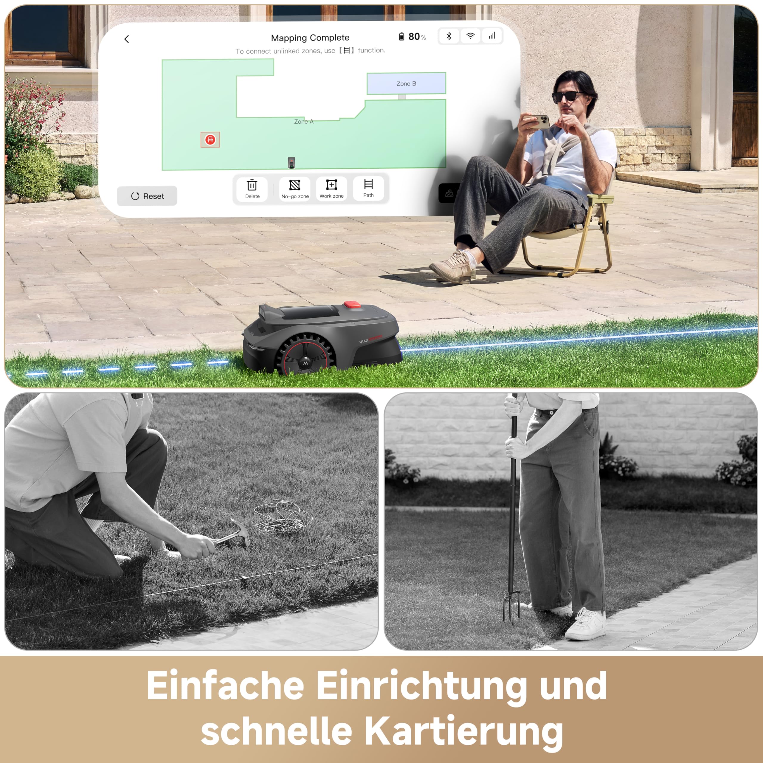 MOVA ViAX 250 Mähroboter Ohne Begrenzungskabel, Empf. 250m², KI-gestützte Kartierung, U-förmige Bahnen, Hindernisvermeidung Dual-Vision, Besserer Kantenschnitt, Für Komplexe Gelände, Appsteuerung
