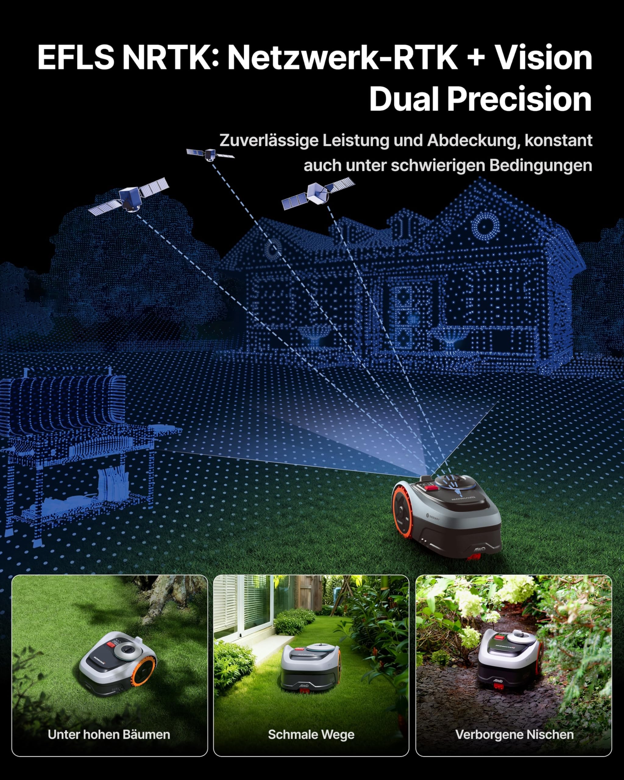 Segway Navimow i205 AWD (Neuer i105E) Mähroboter ohne Begrenzungskabel, Empf. 500 m², Allradantrieb für Steigungen bis zu 45%, EFLS NRTK + Vision, Automatisches Kartieren, Keine RTK-Antenne
