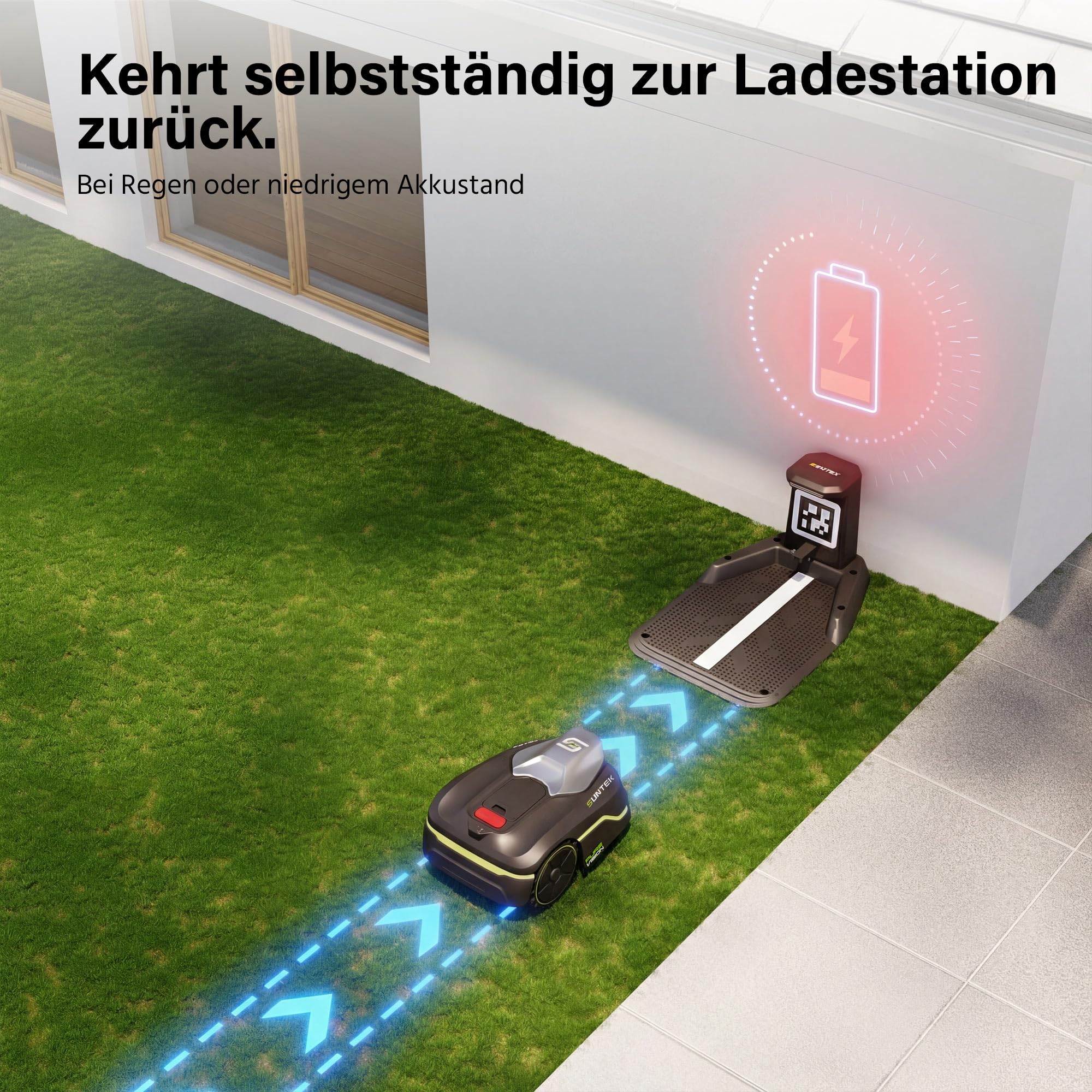 SUNTEK SRM2050 Mähroboter ohne Begrenzungskabel, KI Pure Vision Rasenmäher Roboter für 500 m² mit automatischer Kartierung, 35% Steigung, Wasserdichtigkeit IPX5, Automatische Kartierung, APP-Steuerung