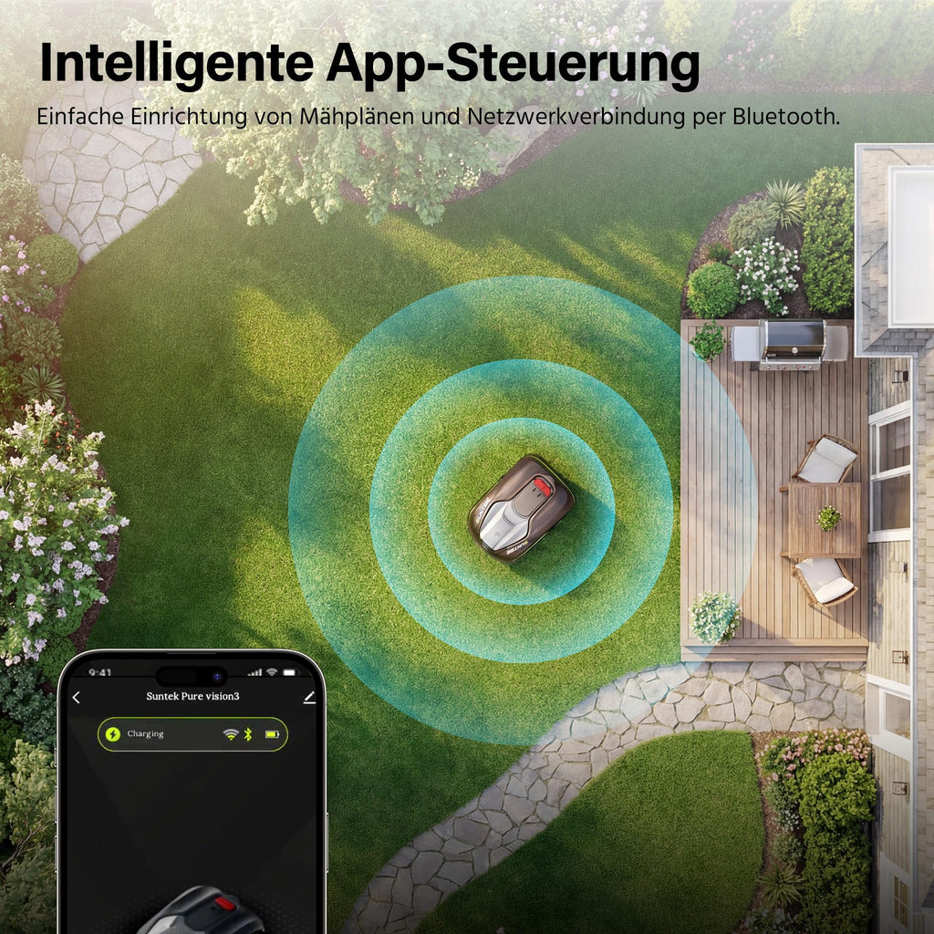SUNTEK SRM2050 Mähroboter ohne Begrenzungskabel, KI Pure Vision Rasenmäher Roboter für 500 m² mit automatischer Kartierung, 35% Steigung, Wasserdichtigkeit IPX5, Automatische Kartierung, APP-Steuerung