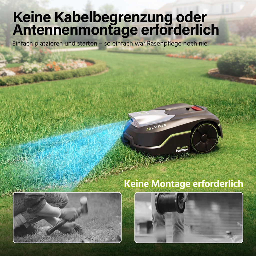 SUNTEK SRM2050 Mähroboter ohne Begrenzungskabel, KI Pure Vision Rasenmäher Roboter für 500 m² mit automatischer Kartierung, 35% Steigung, Wasserdichtigkeit IPX5, Automatische Kartierung, APP-Steuerung
