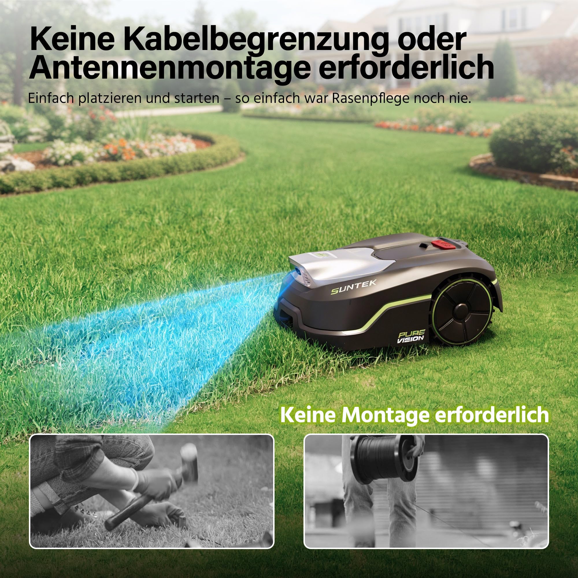 SUNTEK SRM2050 Mähroboter ohne Begrenzungskabel, KI Pure Vision Rasenmäher Roboter für 500 m² mit automatischer Kartierung, 35% Steigung, Wasserdichtigkeit IPX5, Automatische Kartierung, APP-Steuerung