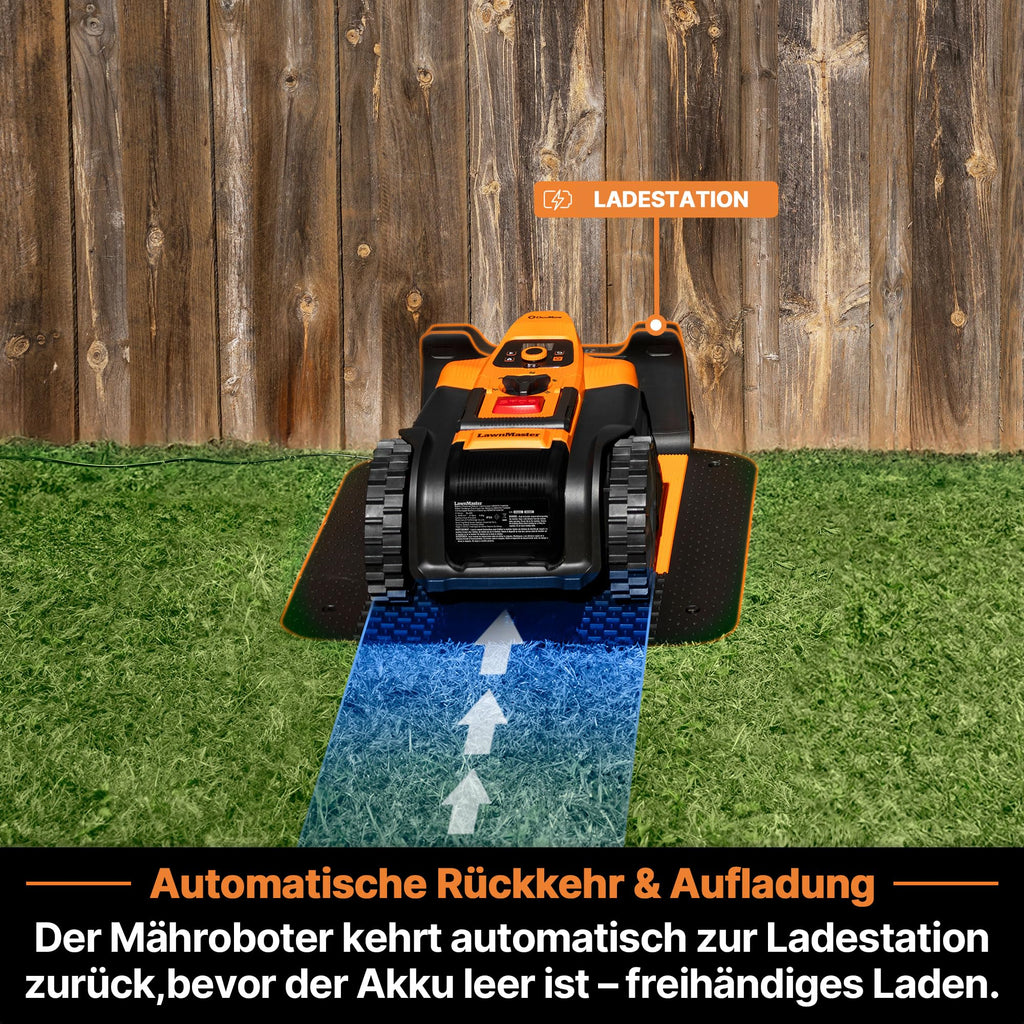 LawnMaster VBRM18AMIDR mähroboter ohne begrenzungskabel für bis zu 500㎡ 2ah Batterie Optische Navigation, Hindernisvermeidung, Automatische Ladestation, Verbotene-Zone-Funktion, WiFi & Bluetooth APP