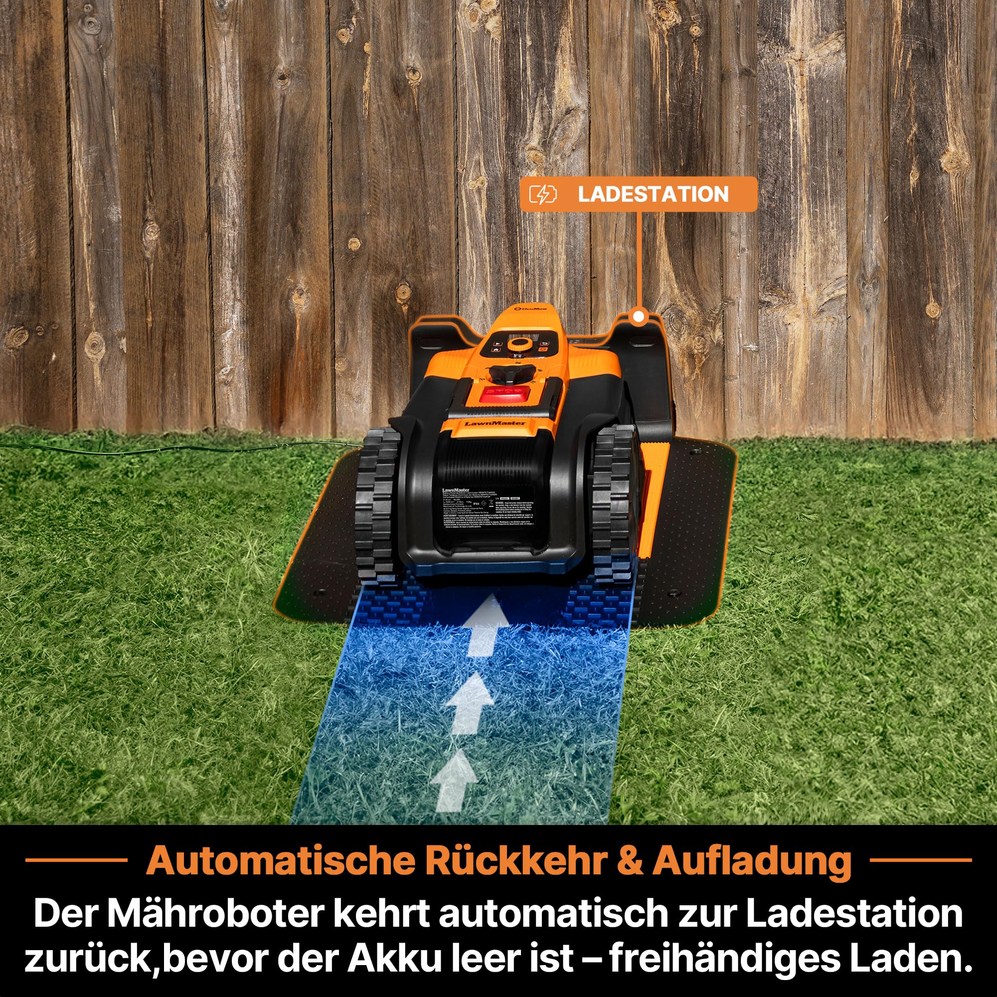 LawnMaster VBRM18AMIDR mähroboter ohne begrenzungskabel für bis zu 500㎡ 2ah Batterie Optische Navigation, Hindernisvermeidung, Automatische Ladestation, Verbotene-Zone-Funktion, WiFi & Bluetooth APP