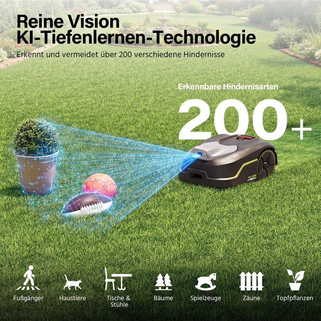 SUNTEK SRM2050 Mähroboter ohne Begrenzungskabel, KI Pure Vision Rasenmäher Roboter für 500 m² mit automatischer Kartierung, 35% Steigung, Wasserdichtigkeit IPX5, Automatische Kartierung, APP-Steuerung