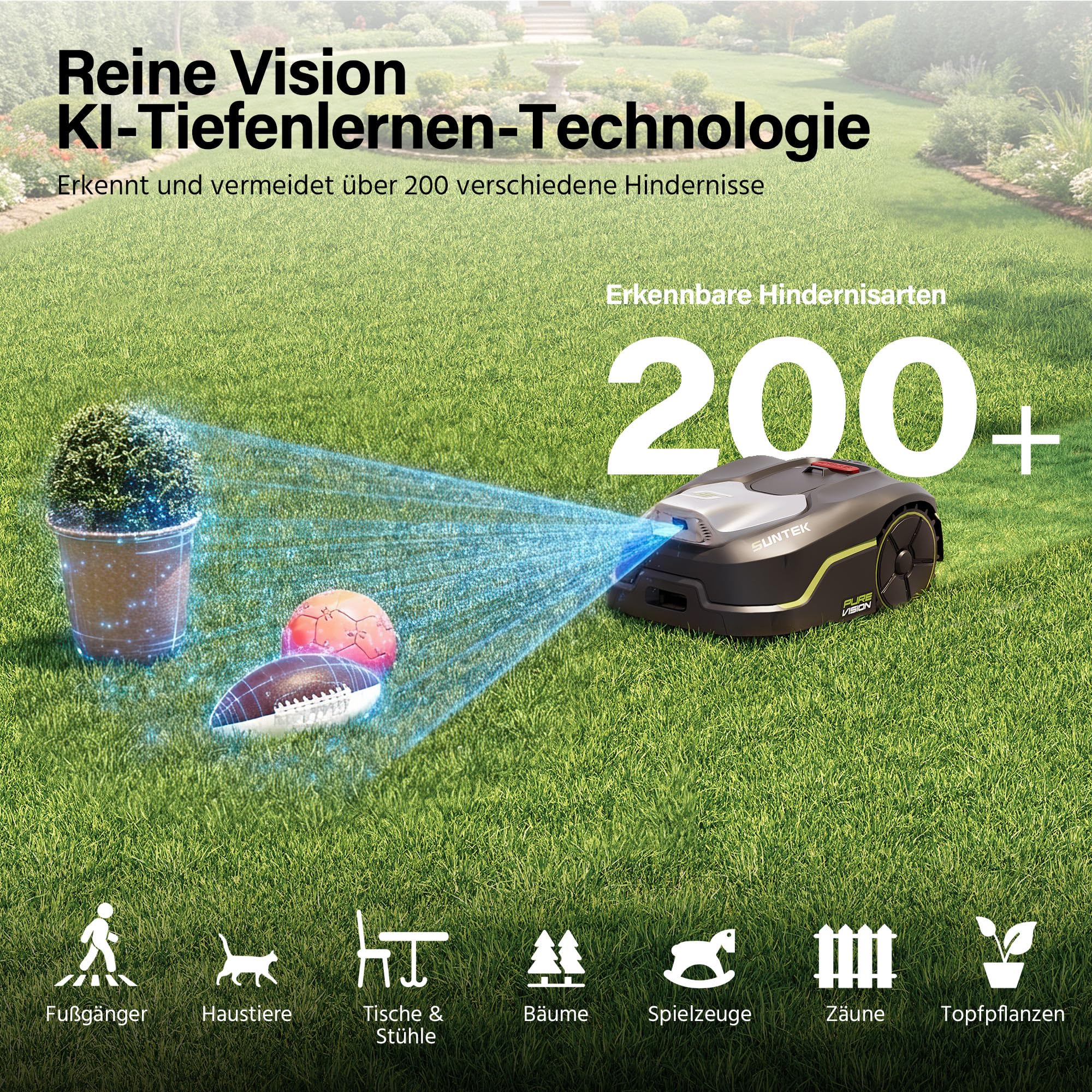 SUNTEK SRM2050 Mähroboter ohne Begrenzungskabel, KI Pure Vision Rasenmäher Roboter für 500 m² mit automatischer Kartierung, 35% Steigung, Wasserdichtigkeit IPX5, Automatische Kartierung, APP-Steuerung